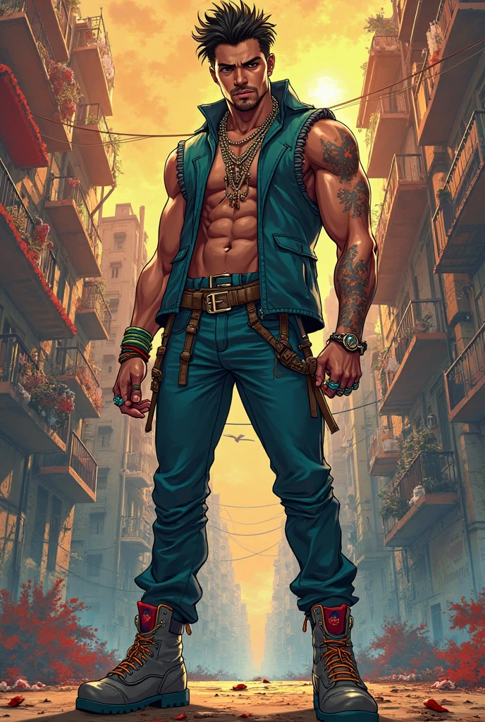 Masterpiece, highres, high Quality, detailed face, muscular build, six-pack abs, short hair, bright blue eyes, wearing ripped jeans and a red plaid shirt, unbuttoned at the top, exposing a toned ?????, standing confidently, smirking, ((outdoor scene)), daylight, autumn leaves falling gently around him.