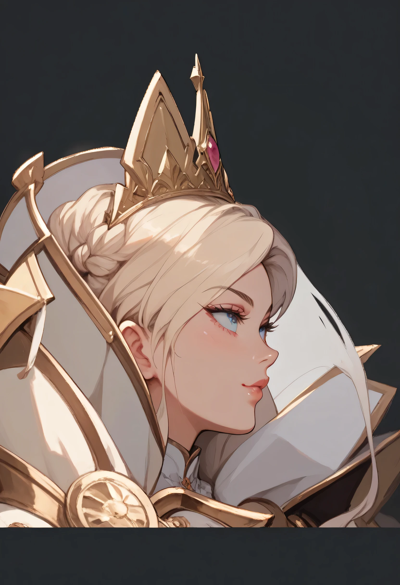 Female side face close-up,blond hair,clear hair texture,Wearing a crown,hand drawn style,anime style,Thick coating style