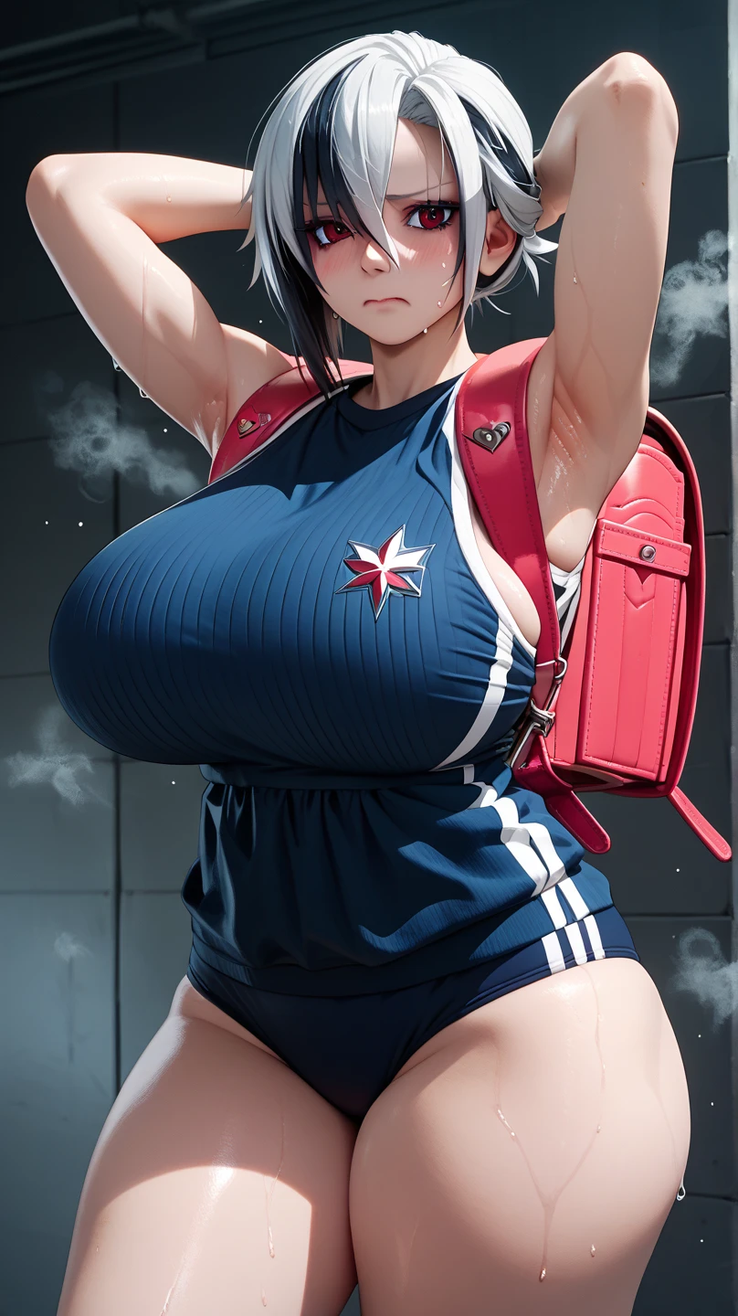 Masterpiece:1.2, Best quality), Realistic, (Real picture, Intricate details, Depth of field), (1girll, Solo), make up, parted lip, highly detailed, Perfect face, (Huge breasts:1.4), (skin indentation), Thick thighs, Wide hips, Small waist, Tall, glossy coral lips, red hair, Red and blue eyes, pony tails, (A girl playing volleyball, Black volleyball uniform), (full of sweat:1.2), (Wet), Sexy, Blushing,huge tit,Huge breasts,A sagging breast,long leges,Slim,being thin,Lower chest position,Swollen breasts,crisp breasts,Breasts during lactation,Lactation,Tender white skin,squeezing breasts,Heavy breasts,