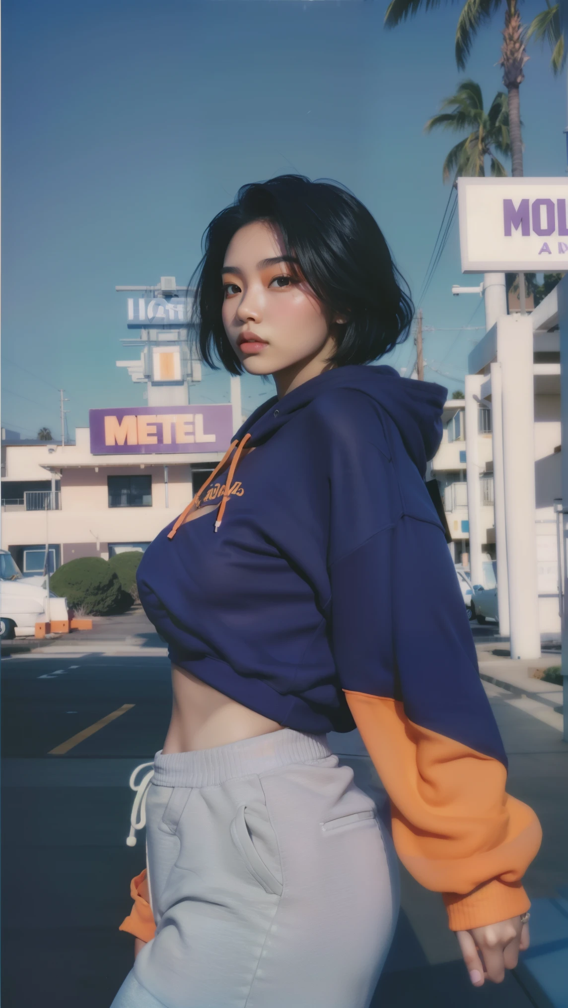 8k, 1 girl, ultra high definition,beautiful, Black Bob Hairstyle, ((orange is too big hoodie)), is too big_shirt, sweatpants , Evening Light ,,Take a walk,purple slacks, watch viewers, (((80's architecture colorful motel))) ,perfect beautiful face,perfect nose,Completely, Perfect Lips Kodak Gold 200 Fish Eye 8mmlens-v2exp ,Cute 25-Year-Old Korean, ((Perfect Body with Big Breasts)) completely complete, 35mm Film,palm tree, blue sky, Sunny Summer, Los Angeles Vibe (photorealistic:1.2), (Super Real:1.3), (very well detailed:1.1), ((masterpiece))
