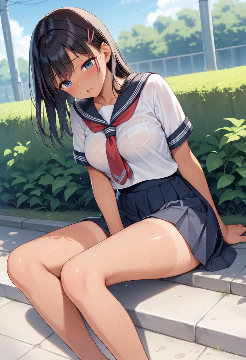 ((Highest quality))、((masterpiece))、(detailed)、((Anatomically correct))、(High resolution、8K)、One Woman、aldult、adult、look at me、Sitting on the ground、Angle from the front、(Ultra-glossy skin with attention to detail:1.1)、(Embarrassed face)、Open your mouth、Glowing Skin、bangs、Long Hair、Straight Hair、Black Hair、Hair fluttering in the wind、(Beautiful Eyes:1.1)、Slender、Sweat、(Sailor suit:1.2)、Open shirt、The skirt is knee-length、tits、F Cup、Slipping、Nipples、(skirt lift:1.3)、((Spread your legs、Pussy、Dripping love juice))、School、school gate、evening、(Beautiful sunset:1.1)、