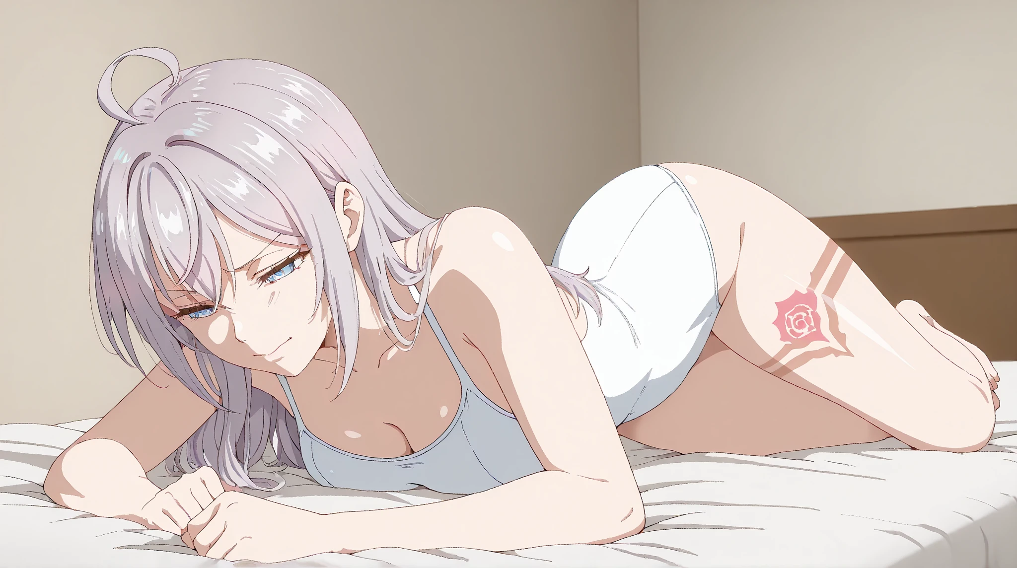 arte em estilo anime cartoon de uma pequena garota, morena com a pele na cor parda, platinum hair lying face down with her back to the camera in a horizontal position, em cima de uma cama, fundo de um quarto fofo