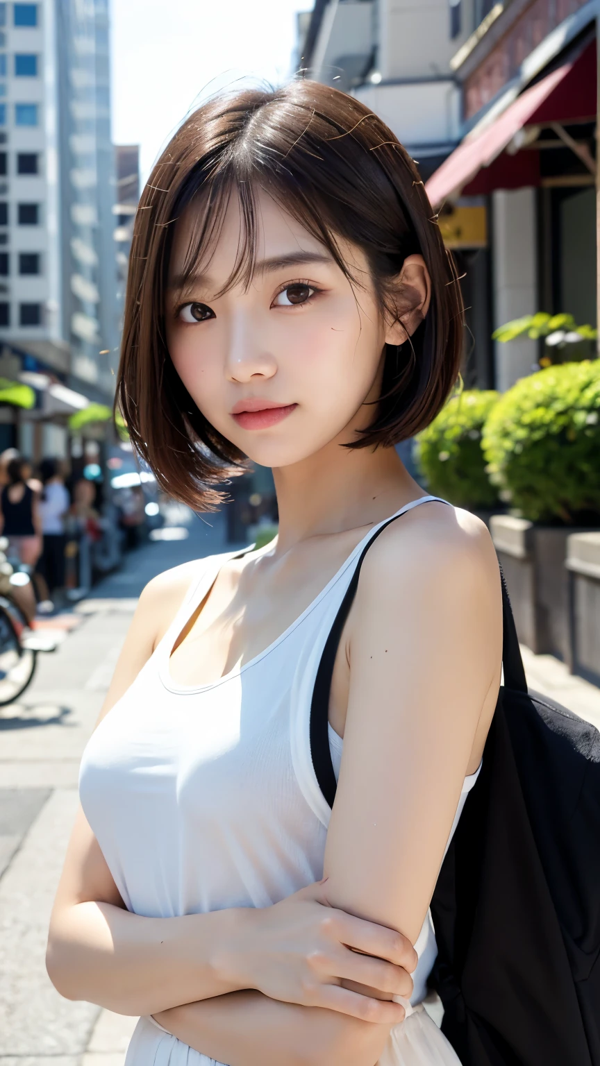 ((top-quality、8k、masterpiece:1.3))、foco nítido:1.2、(natural soft light、City Street:1.1)、Highly detailed facial and skin texture、A detailed eye、二重まぶた、1人、独奏、Young Japan girl、Early 20s、kawaii、Girly、angelicales、faerie、Small animal senses、6Head and body、smallunderboob、Transparency、Suppin Makeup、a miniskirt、Girls' clothing、frilled blouse、Brown hair、A dark-haired、poneyTail、short-hair、sense of touch、Shine in the eyes、Cool eyes、realistic face and skin texture