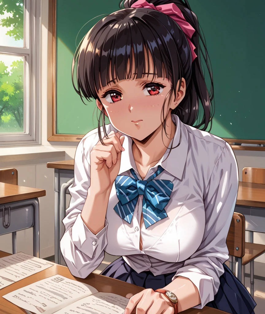A picture of the moment when a man ejaculates on the face of the attractive, sexy, black-haired, beautiful gal, Ayaka, in a school classroom