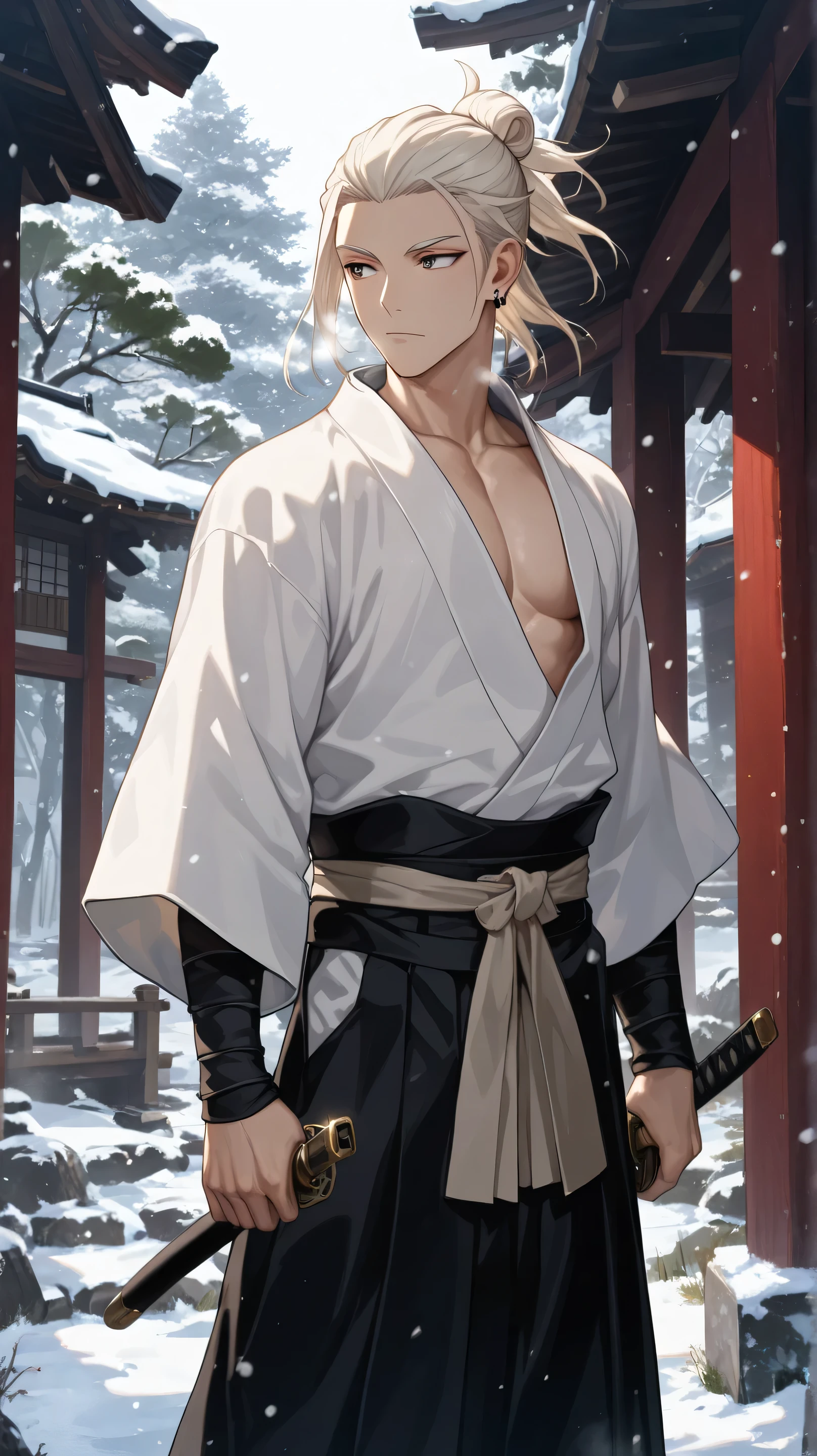 solo, 1boy, holding, closed mouth, jewelry, standing, male focus, weapon, outdoors, earrings, japanese clothes, day, sword, kimono, holding weapon, hair bun, tree, looking to the side, sash, holding sword, pectorals, katana, sheath, hakama, hakama skirt, snow, white kimono, snowing, black hakama
