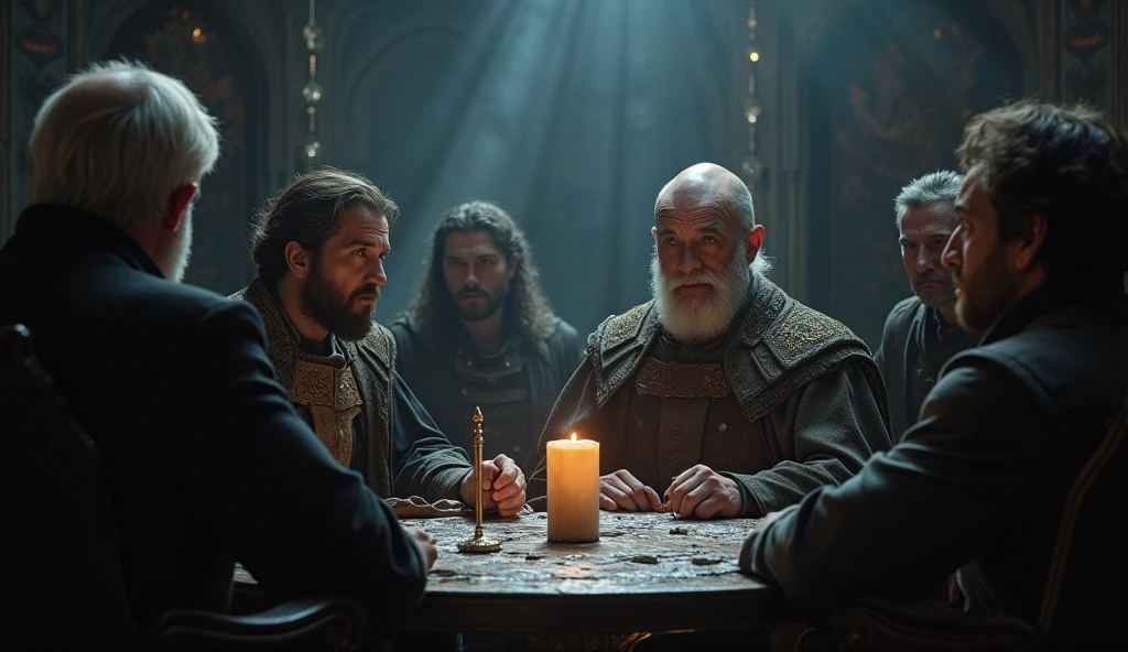 Image of three man in three crown reading a book, biblical epic movie, Velho Rei Medieval, ainda de um filme de fantasia, Reis antigos em vestes brancas, Reis Cruzados 3, de warcraft, assistente senta-se lendo em uma mesa, Tuomas Korpi e Wlop, Tolkien e Michael Komarck, Saul Goodman em Game of Thrones, wizard hat cinematic lighting