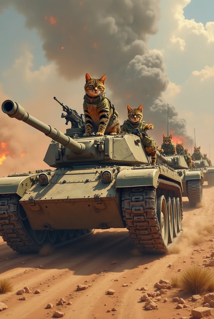 Cute cat soldiers in uniform and sunglasses steering, helmet , tank and dark fire background