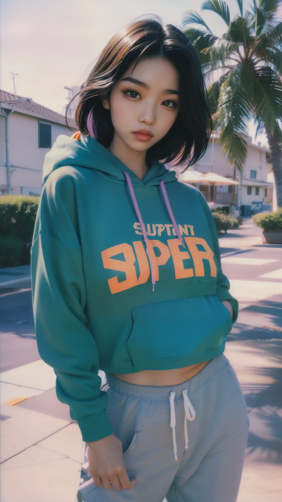 8k, 1 girl, ultra high definition,beautiful, Black Bob Hairstyle, ((orange is too big hoodie)), is too big_shirt, sweatpants , Evening Light ,,Take a walk,purple slacks, watch viewers, (((80's architecture colorful motel))) ,perfect beautiful face,perfect nose,Completely, Perfect Lips Kodak Gold 200 Fish Eye 8mmlens-v2exp ,Cute 25-Year-Old Korean, ((Perfect Body with Big Breasts)) completely complete, 35mm Film,palm tree, blue sky, Sunny Summer, Los Angeles Vibe (photorealistic:1.2), (Super Real:1.3), (very well detailed:1.1), ((masterpiece))