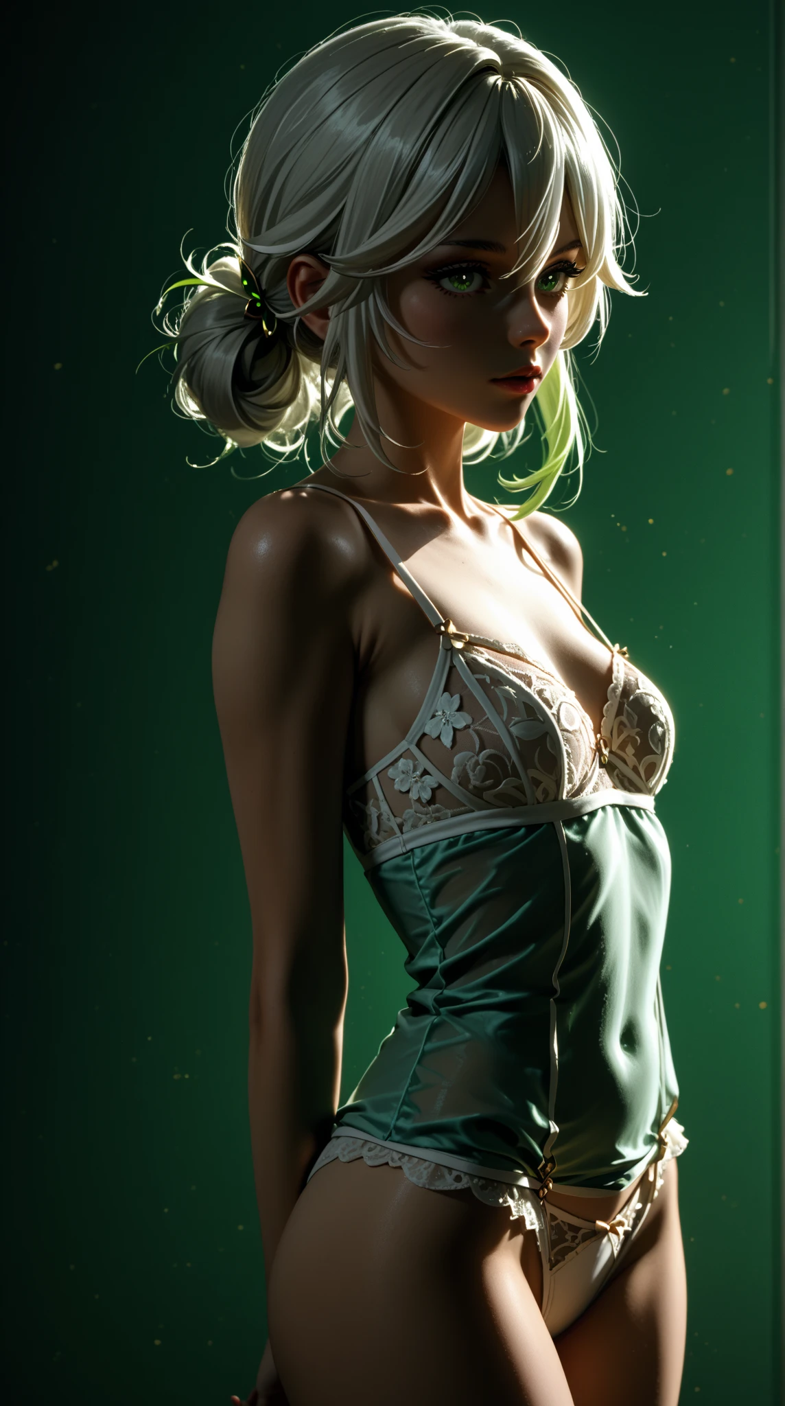 realistic:1.2 , sinister, award winning photo, best quality, masterpiece, upper body, woman, freckled face, windblown blonde hair, emerald eyes, modern strapless dress , damp, cleavage , detail skin texture , perfect sexy figure , anatomically correct