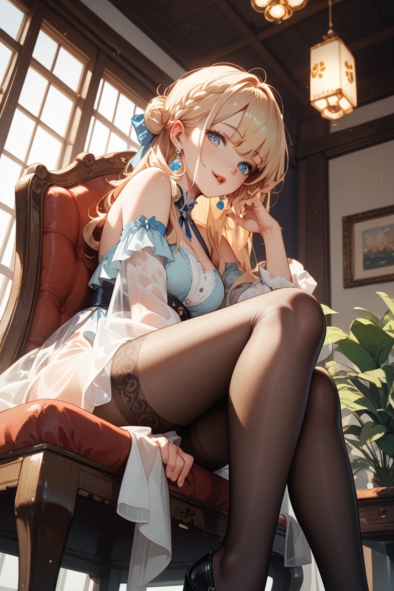 best quality，Super detailed，Perfect limbs，floor、mini skirt，Clothes with intricate details，Bright，Swimsuit，one person，blond，Sexy、Deep sleep、long hair、Stockings