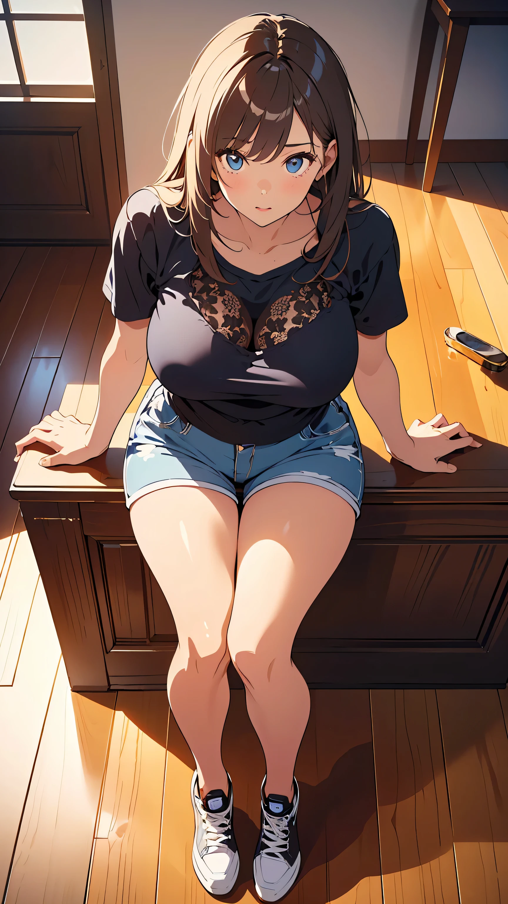 masterpiece, best quality, ultra detailed, Eyes with intense gleam, large breasts, 1girl, long black hair, black eyes, unkind face, very detail face, Wearing a black plaid shirt inside a white tank top, blue short jeans shredded, white shoes, left ear earring, full body, sitting on the sofa,