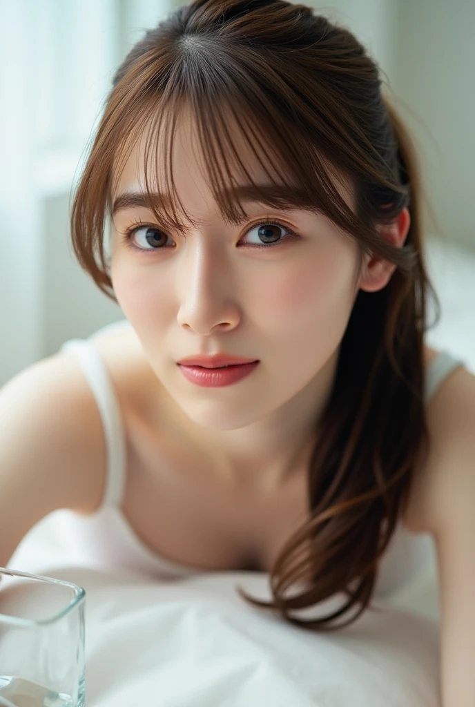 Beautiful lying in bed, 14 years old, (Highest quality:1.4), (Very detailed), (Very detailed美しい顔), Sleepy eyes, White T-shirt, Great face and eyes, iris, Medium Hair, The Beauty of Japan, (Skinny body type:1.3), (Flat Chest:1.3), Embarrassed expression,(Puppy licking cheek),Smooth, Very detailed CG synthesis 8k wallpaper, High-resolution RAW color photos, Professional photography, Light, BackLight, dream-like, impressive, Written boundary depth, Bedroom, (Face close-up:1.3), (Shot from above:1.5)