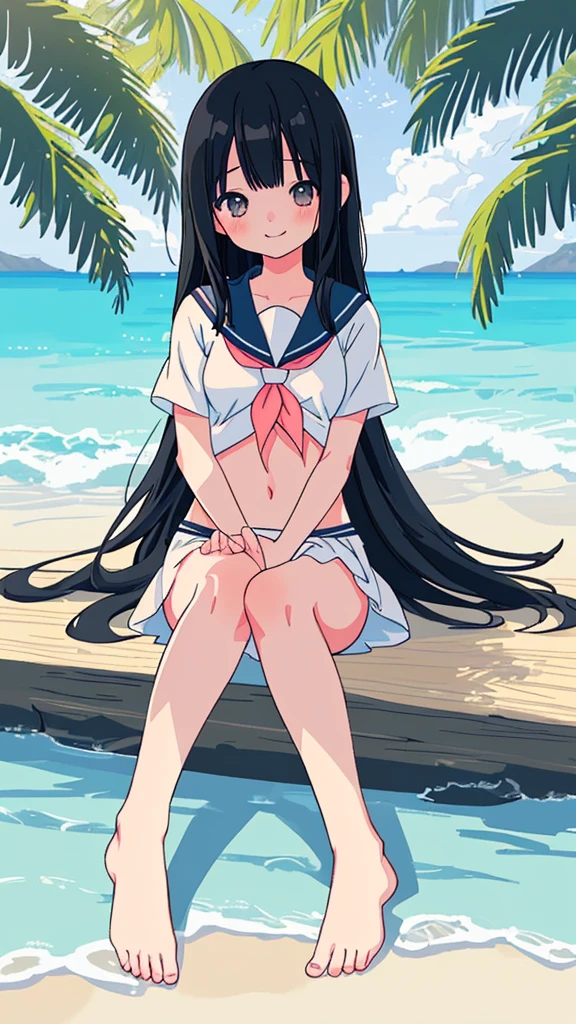 yukimi, 10 yo., long hair, blunt bangs, flat chest, expressionless, red eyes, shy, (one-piece tan, full nude), (inverted-nipples, pussy), fullbody, blue sky, seaside, sitting split, smile, (double peace signs:1.2),