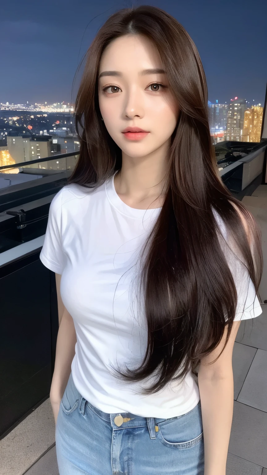 ((Best quality, 8k, Masterpiece :1.3)), Whole body, Long legs, Sharp focus :1.2, A pretty woman with perfect figure :1.4, Slender abs :1.1, ((Dark brown layered hair, Big breasts :1.2)), (White tight tshirt, Leggings, Standing:1.2), ((Night city view, Rooftop:1.3)), Highly detailed face and skin texture, Detailed eyes, Double eyelid