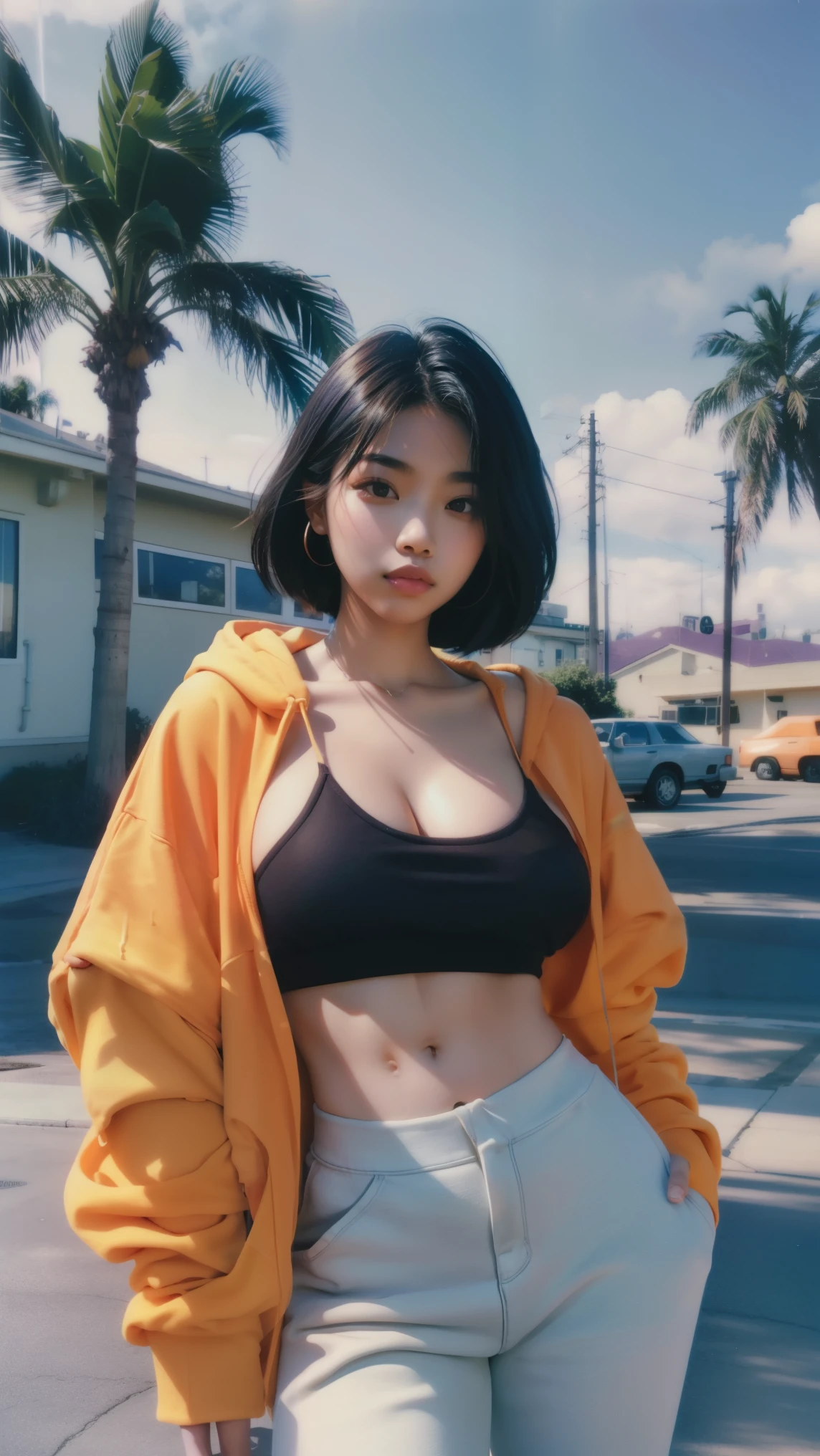 8k, 1 girl, ultra high definition,beautiful, Black Bob Hairstyle, ((orange is too big hoodie)), is too big_shirt, sweatpants , Evening Light ,,Take a walk,purple slacks, watch viewers, (((80's architecture colorful motel))) ,perfect beautiful face,perfect nose,Completely, Perfect Lips Kodak Gold 200 Fish Eye 8mmlens-v2exp ,Cute 25-Year-Old Korean, ((Perfect Body with Big Breasts)) completely complete, 35mm Film,palm tree, blue sky, Sunny Summer, Los Angeles Vibe (photorealistic:1.2), (Super Real:1.3), (very well detailed:1.1), ((masterpiece))