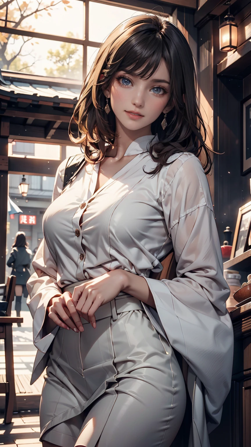 (8K, RAW photos, best quality, masterpiece:1.2), (realistic, photo-realistic:1.5)、(1 woman), 26 year old Japanese woman、hair is gray、wearing a police costume. Eye color is dark blue、blush with shame, high definition face, (Curly short hair)、My chest sticks out、huge breasts, Sagging breasts due to gravity, milky thighs, outdoor, whole body,