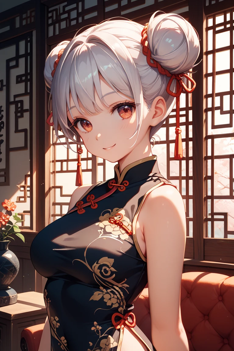 ((highest quality、8k、masterpiece:1.3)),clear, fine-textured skin、beautiful clear eyes、cleavage、(buckshot:1.5)、Carefree and natural smile、(medium bob,silver hair:1.5)、(My hair was messed up by the wind:1.3)、(cute china clothes:1.5)、beautiful girl with a smile、(thin waist:1.3)、(Dynamic and provocative pose:1.2)、