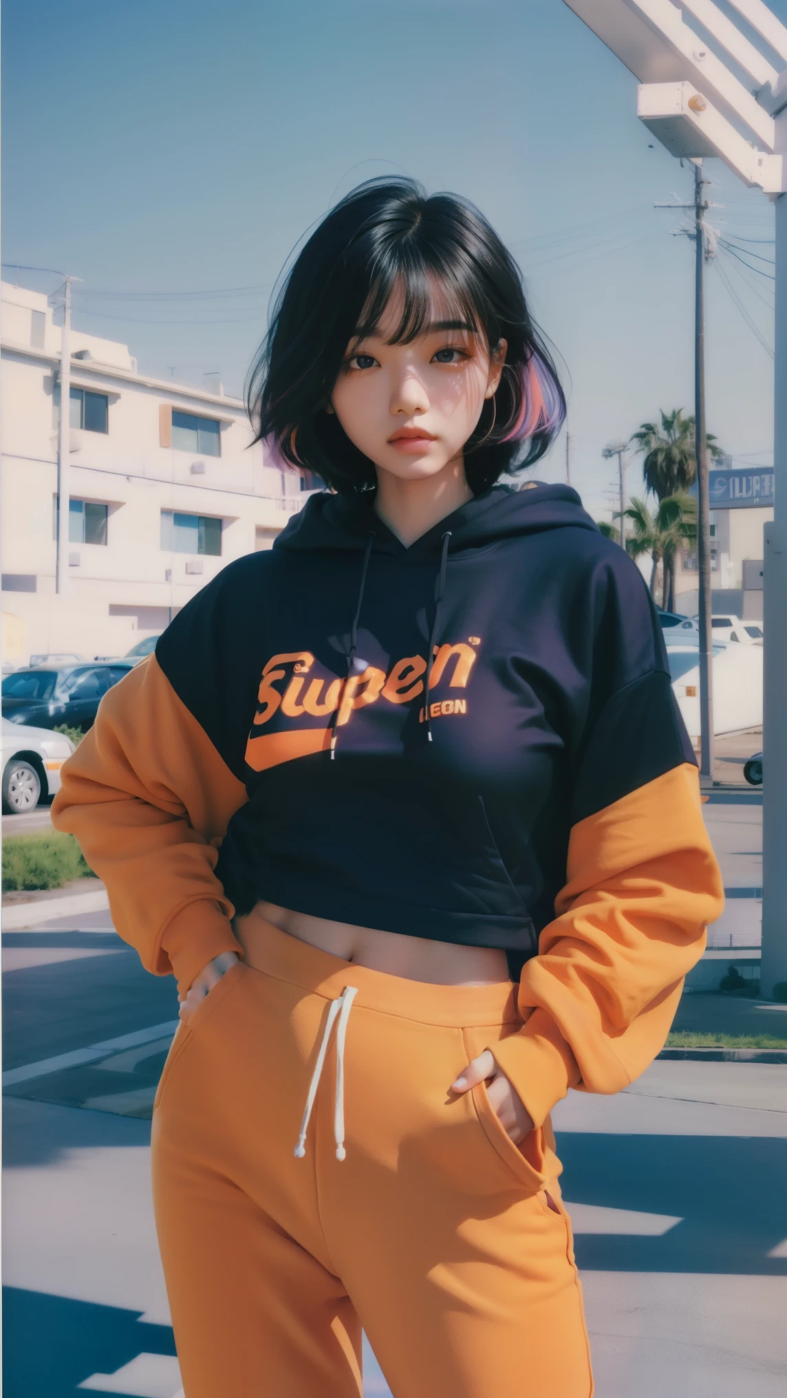 8k, 1 girl, ultra high definition,beautiful, Black Bob Hairstyle, ((orange is too big hoodie)), is too big_shirt, sweatpants , Evening Light ,,Take a walk,purple slacks, watch viewers, (((80's architecture colorful motel))) ,perfect beautiful face,perfect nose,Completely, Perfect Lips Kodak Gold 200 Fish Eye 8mmlens-v2exp ,Cute 25-Year-Old Korean, ((Perfect Body with Big Breasts)) completely complete, 35mm Film,palm tree, blue sky, Sunny Summer, Los Angeles Vibe (photorealistic:1.2), (Super Real:1.3), (very well detailed:1.1), ((masterpiece))