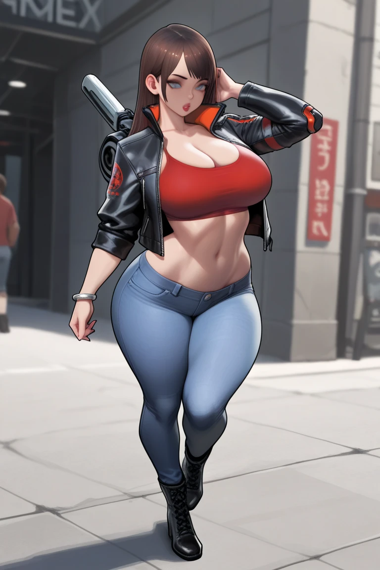 drmikoto, black hair, red eyes,mature female,lips, long hair, blush, lipstick, masterpiece, best quality, highly detailed, a girls with a gun, evil smile , open mouth, sexy gaze, badass pose , evil smile, smile, sunny day, guns blazing, anime girl with long hair, beautiful long haired girl, navel, evil expression, exposed belly, exposed navel, exposed midriff, exposed lower belly, long black pants, crop top, cleavage, unbuttoned leather pants ,open fly, low rise black leather pants, leather jacket, holding a gun, outdoor,street,road, navel piercing, cityscape, building