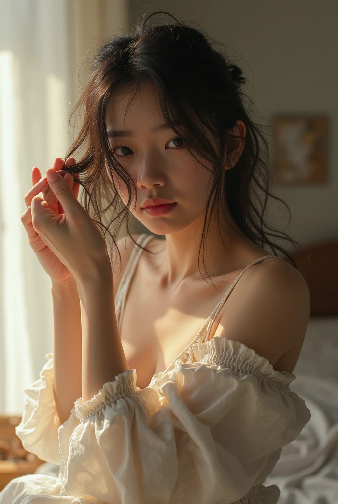 16k、Raw photo、(masuter piece)、(top-quality)、Hi-Res、(Close eyes):1.5, (Open mouth):1.5 Real numbers、((Looking Up))(1girl )、(realisitic、Photorealsitic:2.0), Upper body、Ponytail,Sleeveless、skinny、18years、small tits、Eyes closed、Deep sadness、Sorrow、look up sky、Open mouth、Bedrooms、Background blur