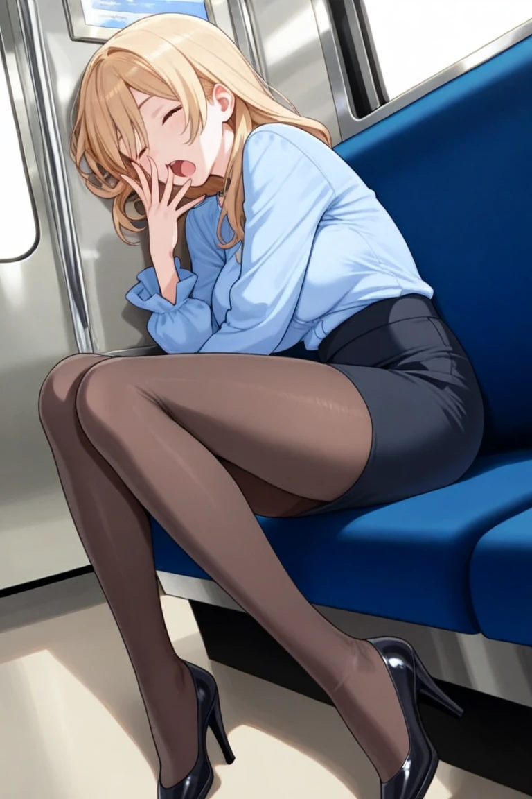 (masterpiece, best quality, 8k, RAW photo, beautiful and aesthetic:1.2), complex detail, Indirect light, photorealistic, full body, (sitting in train, black seats) Bohemian paisley circle skirt in earthy brown with a button-front closure, women , sitting chair , under skirt, thighhighs, no underwear, (panties visible), pantyshot, glowing, closed eyes, sleeping, parted_lips