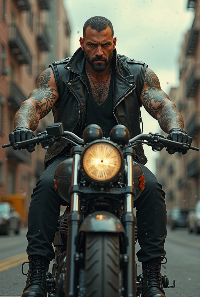 A whole body super tattooed handsome man riding Harley Davidson type morobike