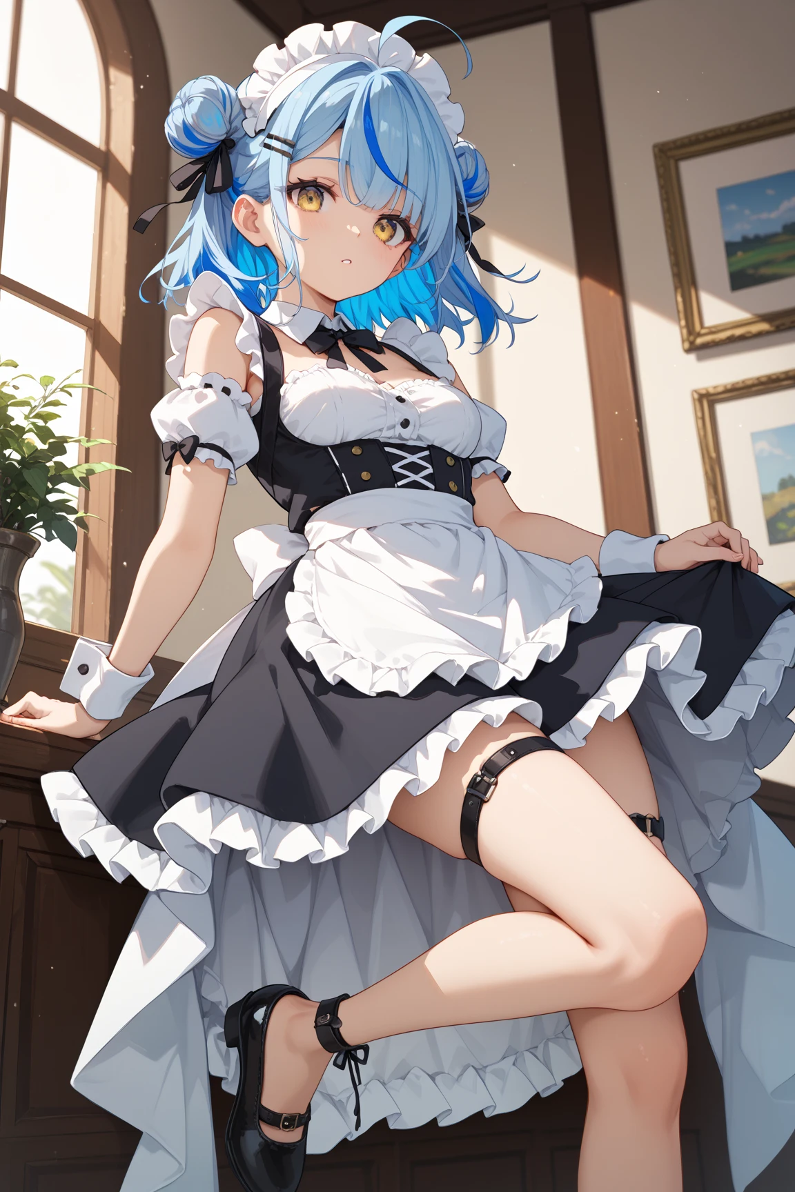 Airi from Queen's Blade, red long twintail, teal color eyes, very tick thighs, brown pattern print stockings, scythe, maid dress.