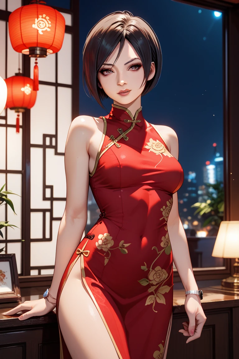 (Adult woman), (tomboy hair style:1.2),alone, masterpiece,huge breast, looking at viewer, detail eyes, (detail face:1.2), standing,  (front view), (Sideless Cross-Laced China Dress), (half body shot:1.5), looking at viewer, (cleavage), red and black dress, smile, perfect breast, indoors, night