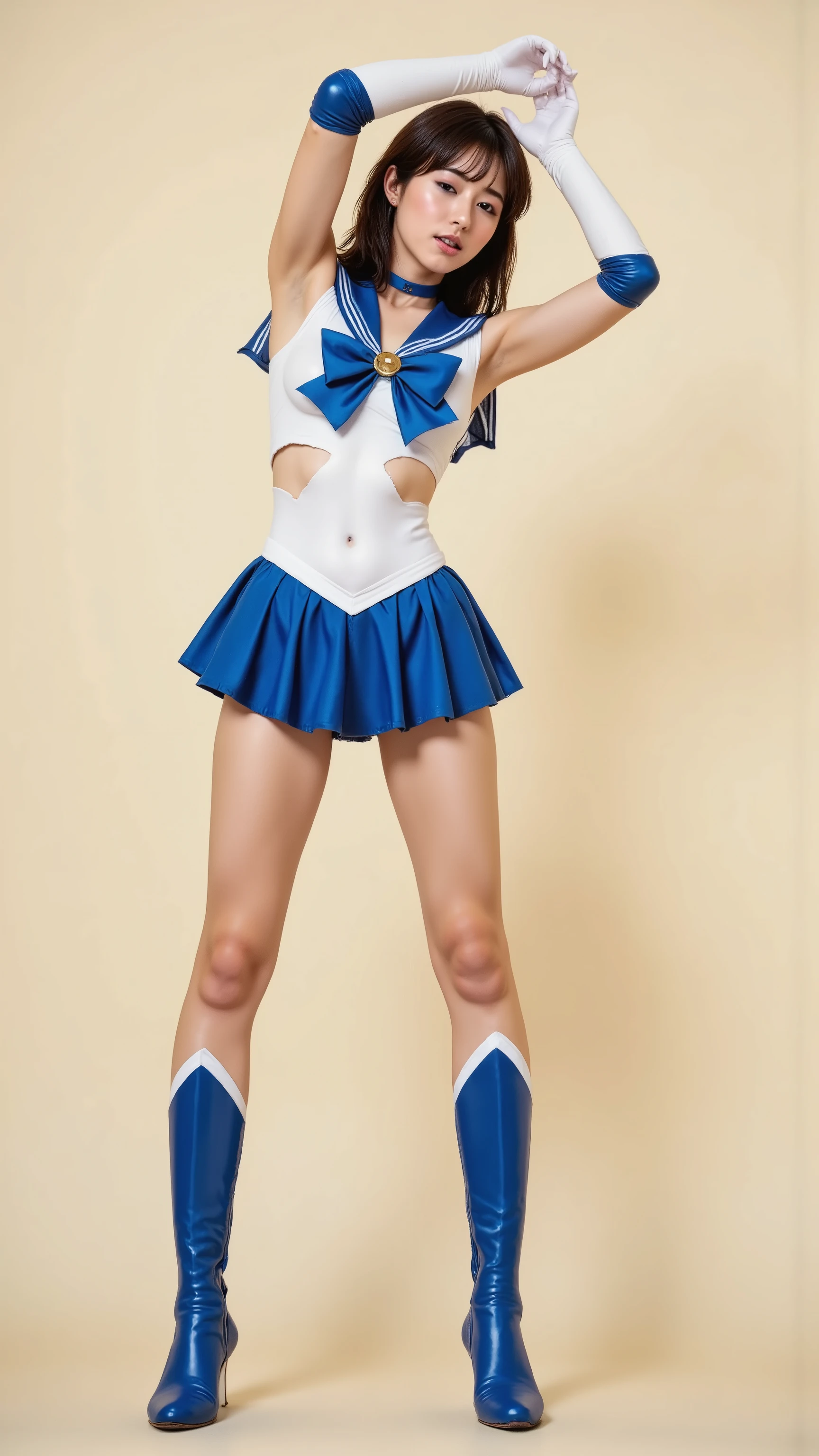 eyes closed、is sleeping、Satin gloves that fit white arms、satin sailor mercury costume are torn to pieces、There are a lot of holes in the sailor mercury costume、I can see my bare skin through my tattered costume、Draw 、Drawing nipples、There are a lot of holes in the sailor mars costume、bloody、、Bleeding、A distressed expression、Gone