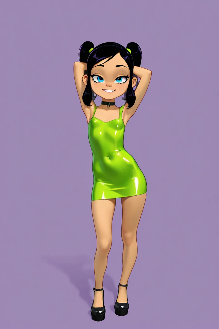 ..3d, art studio style, Detalhes do realismo, reference to the powerpuff girls, uma mulher de 20 anos, a girl with short black hair and green eyes wearing an oversized loose green t-shirt and white sneakers, corpo inteiro, lean fitness, usando armas nurf
