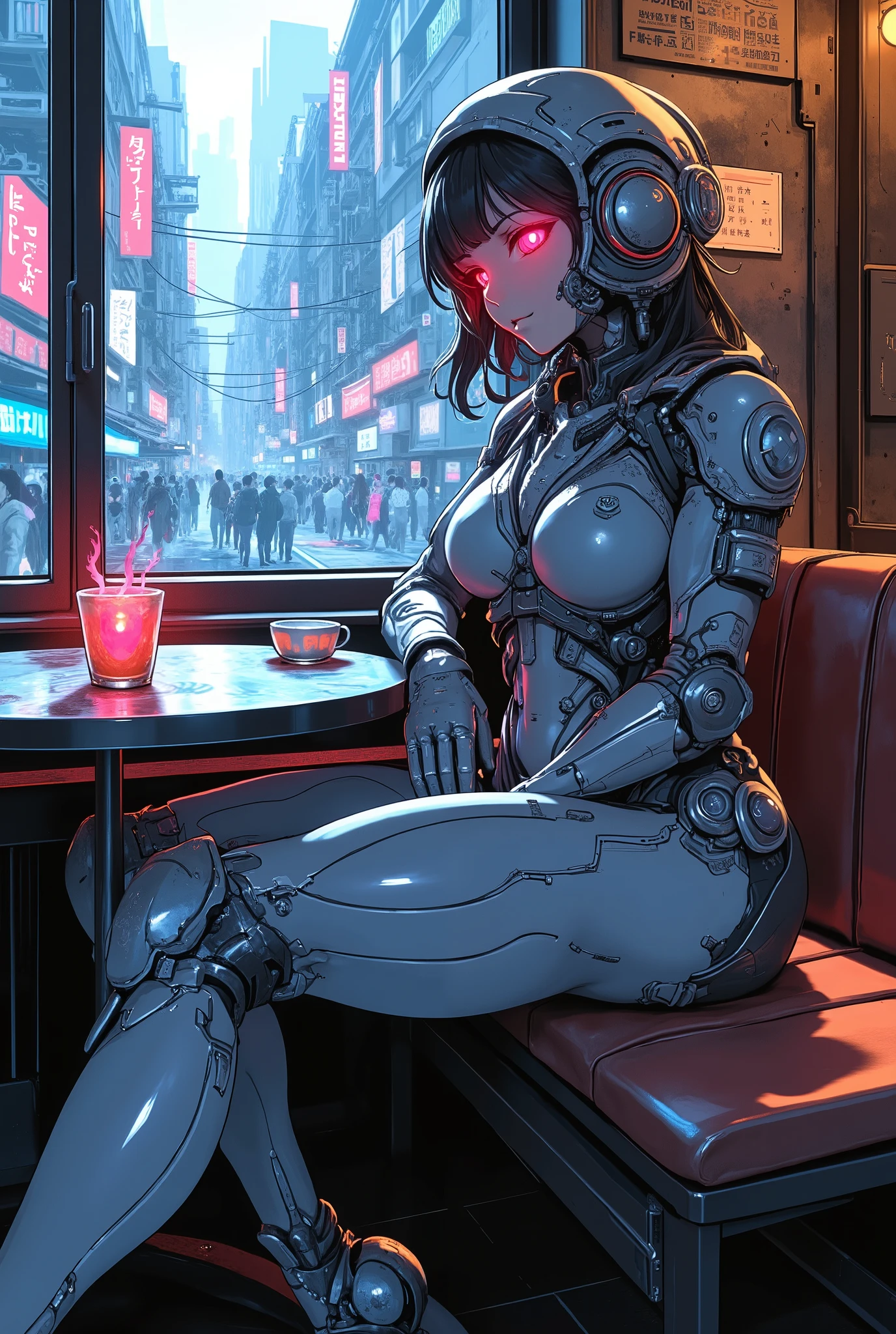 女性用universe活動服, cybernetics suit, take off your helmet,Detailed Equipment, life support device, Equipment Features Beauty, Curvy Suit, Terraformed Earth, immigrant cityscape, neon light street, Stagnant Air , universe, (Sitting on a chair in a cafe, relax), of the best quality,4K,8K,high definition,masterpiece,Super Detail,real,写真のようなreal,HDR,UHD,studio lighting,Ultra detailed drawing,clear focus,Physically Based Rendering,Extreme Detailed Description,professional,vivid colors,Bokeh