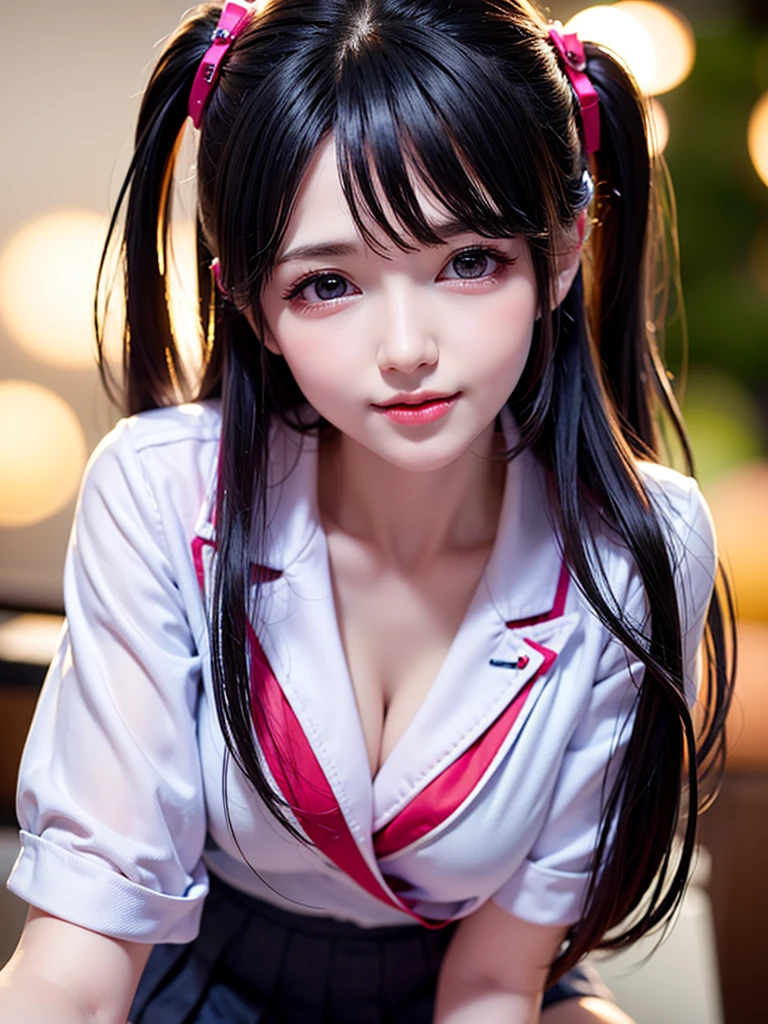 (Dark scene,gentlesoftlighting,high saturated):1.4,Vivid lighting,enchanting elegance,The depth of the atmosphere,Superb technique,Manifestations of naturalism,Harmonious composition,Creative refinement,striking juxtapositions, 1girll,age 22,JK suit,White color blouse,Pink bow,neck bowtie,Pink skirt ,((the sunset)),volume fog,exteriors,Larger breasts。