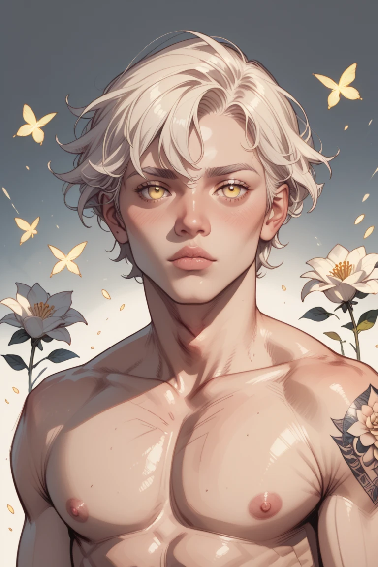 A 15-year-old blonde boy with tattoos on his back and hips. On his back, there is a thin vine tattoo that starts from the shoulder and runs down the spine. The vines are full of gorgeous flowers with small leaves dotted between the flowers. The tattoo extends to his hips to form a soft arc, where the tattoo takes on the texture of a feather, delicate and delicate. The whole tattoo gives a unique and mysterious feeling, contrasting with the image of the boy's blonde hair.