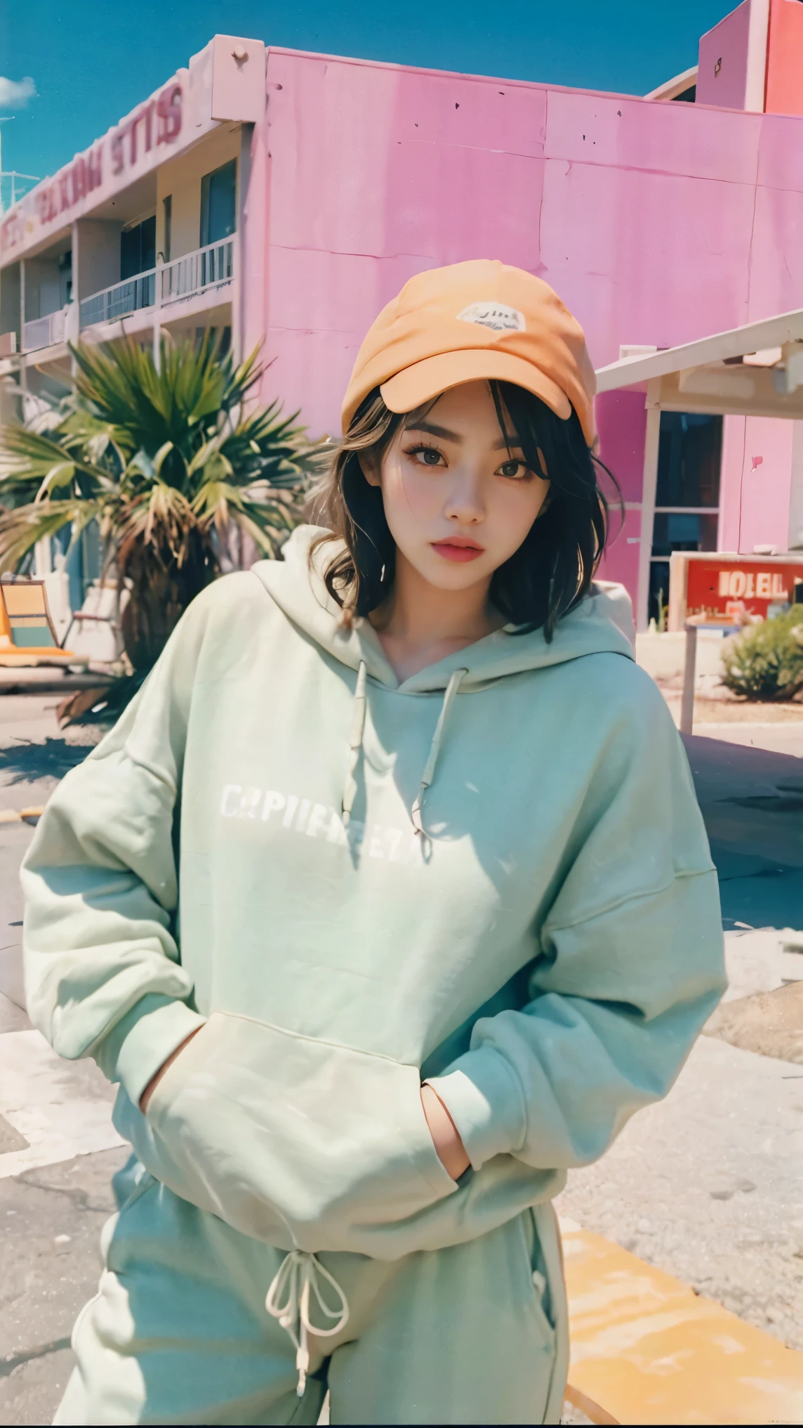 8k, 1 girl, beautiful, messy hair, (orange is too big hoodie), is too big_shirt, sweatpants ,, close-up, watch viewers, (((80's architecture colorful motel))) ,palm tree, blue sky, Sunny Summer, Los Angeles Vibe (photorealistic:1.2), (Super Real:1.3), (very well detailed:1.1), ((masterpiece)),