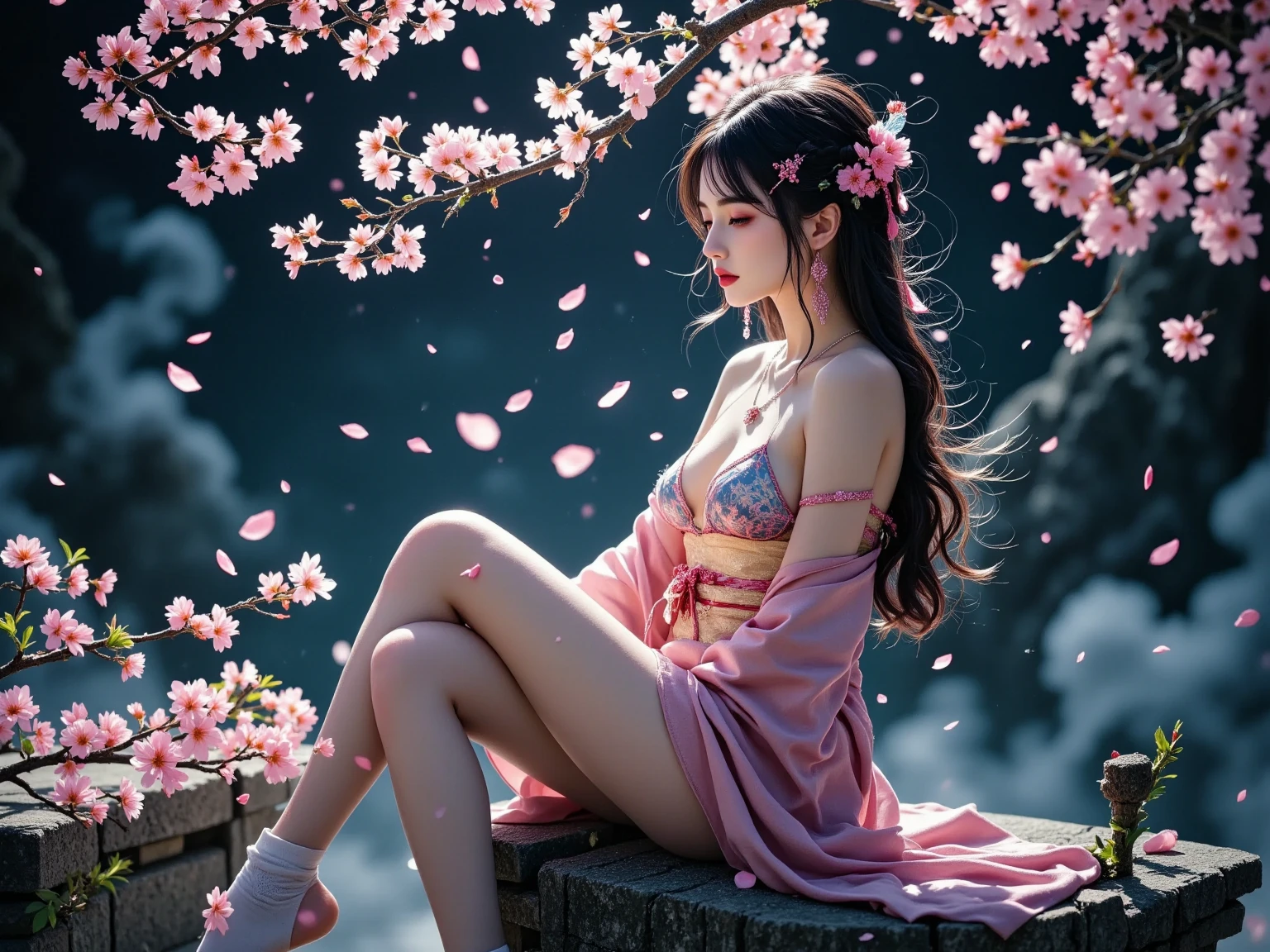 loose outfit、Show shoulders、How to wear a gown with a broken see-through halter neck、Decorated with intricate patterns and pastel colors、Transparent material that makes the skin shine、Artistic depiction of seductive woman in gown with wet thin cloth and transparent skin, Floral and fantastic pattern with flowing silky traditional see-through skin。Her dress draped elegantly around her curvaceous figure、Emphasizes her charming silhouette。She's a gentle fireworks night、Dynamic Posing、Sexy Posing、bathed in the soft glow of moonlight。The scene is、With a hint of mystery and sensuality、It exudes an ethereal dreamy atmosphere。The image style is、Incorporates a blend of watercolor and digital illustration techniques.、It makes you feel delicate beauty and charm。Soft moonlit lighting、Cast gentle highlights and shadows on her mesmerizing features。Dynamic Posing、Bold poses、The hand is somewhere、see -through、show through、A sexy、Wet hair、Wet、cherry trees、flower petals、cherryblossom、The cherry tree、Sakura blizzard、buried、Transparent skin、Wet clothes、Chest Pulling、Translucent clothes、Eau、nudde、