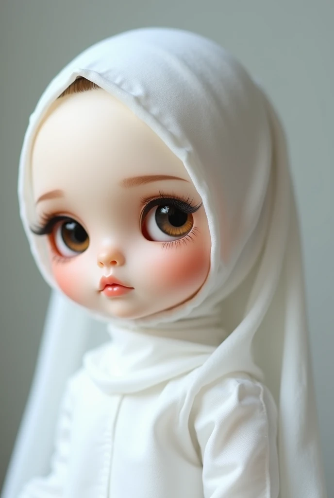 Hijabi blythe doll, dark eyes, fair skin tone, white  hijab, modest, green clothes. Close up immage