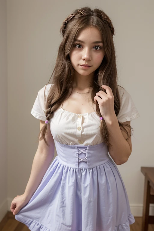 ((high resolution)), ((pale skin)), freckled, brunette ((11 year old)) girl, with blue eyes, blushing cheeks, wavy hair, smiling, large breasts, dressed as a french maid, bare breasts