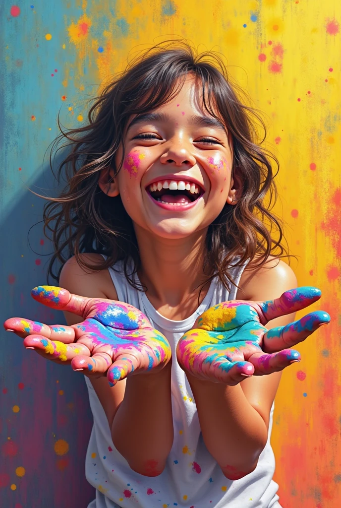 A imagem mostra um jovem menino com cabelos loiros e curtos, Smiling and extending your arms forward. It's completely covered in yellow paint, indicating that he is participating in an art or play activity. The boy is wearing an orange T-shirt and appears to be excitedly showing his paint-stained hands in an advertisement for a children's school. Do it pixar style --auto --s2