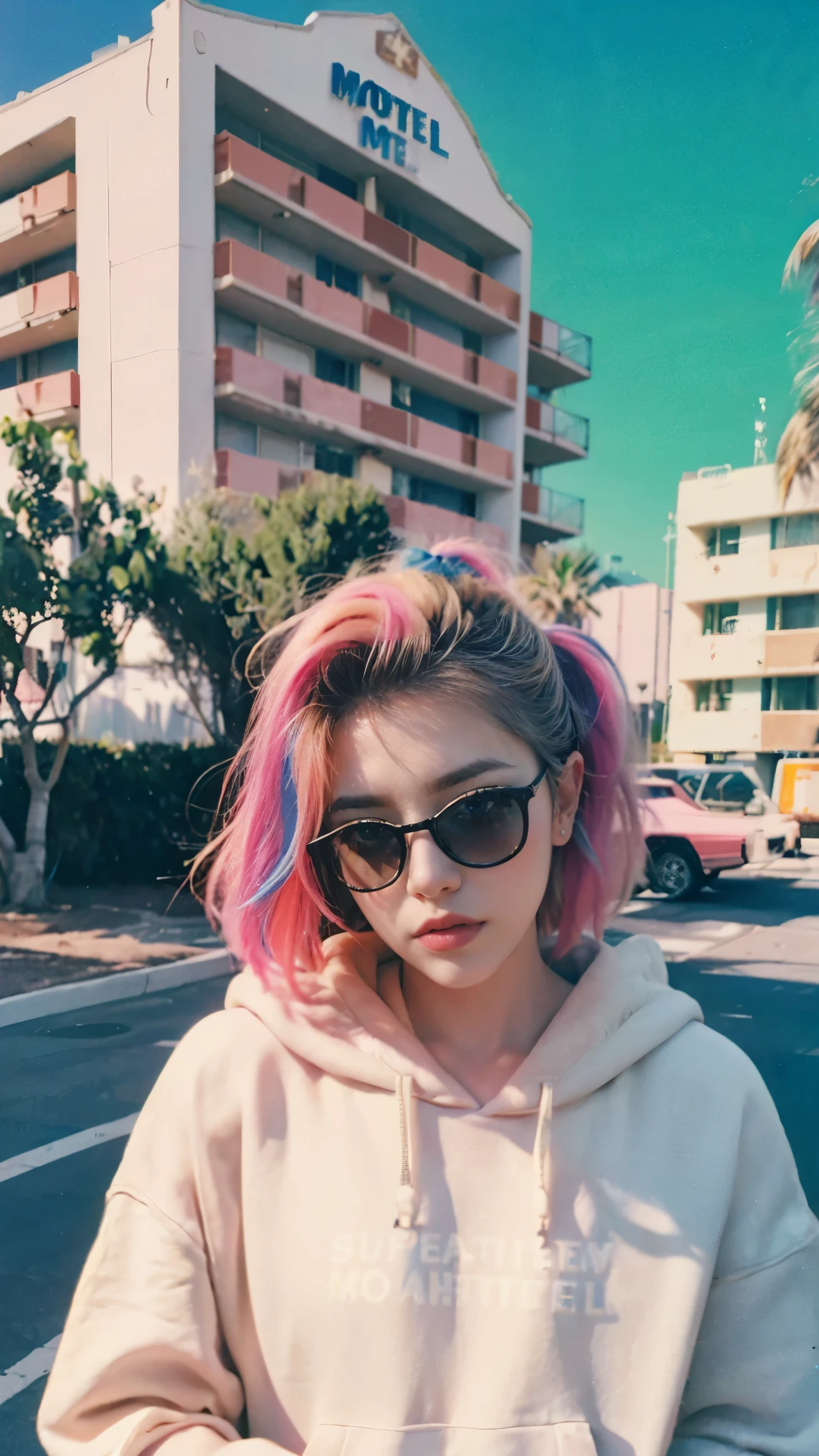 8k, 1 girl, beautiful, messy hair, (orange is too big hoodie), is too big_shirt, sweatpants ,, close-up, watch viewers, (((80's architecture colorful motel))) ,palm tree, blue sky, Sunny Summer, Los Angeles Vibe (photorealistic:1.2), (Super Real:1.3), (very well detailed:1.1), ((masterpiece)),