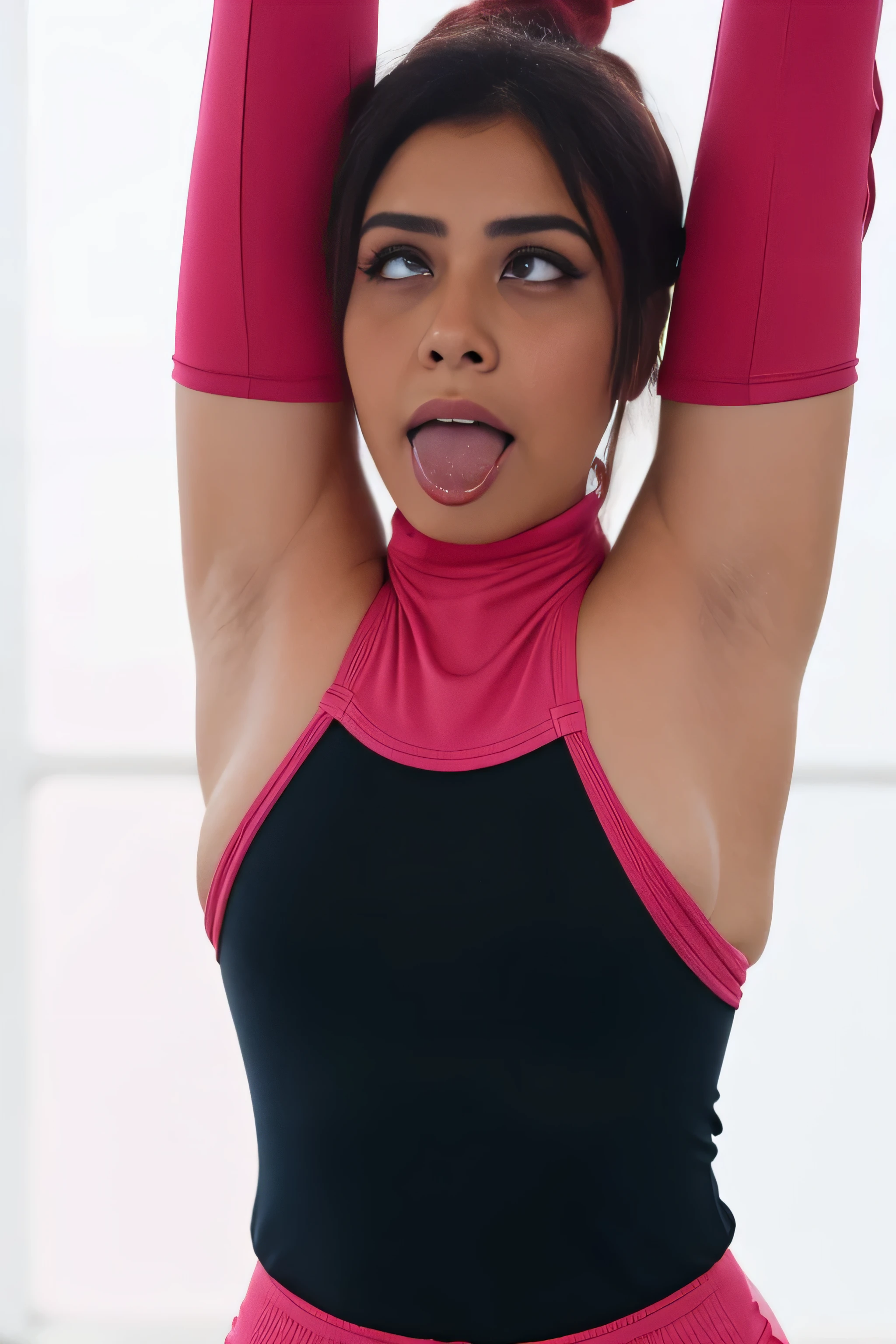 Looks like Sonakshi Sinha,31 year old woman,not too skinny,slightly chubby ,studio quality ,arms up,armpits, armpits,sweat,sweaty,sweaty armpits,awesome armpits,sweating ,sleeveless,exhausted,tired,boxing gloves,green blouse,blackish green outfit,wearing boxing gloves on both hands,arms raised,very tired,sweating,arms raised,both arms raised,sweaty