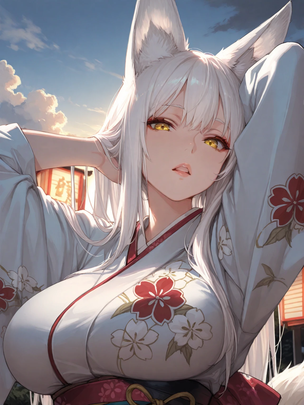 fox girl, (white hair, yellow eyes, wearing a kimono), (best quality, masterpiece, dynamic angle, highest detailed) exposed cleavage, looking at viewer, poker face, glow eyes, toy fox