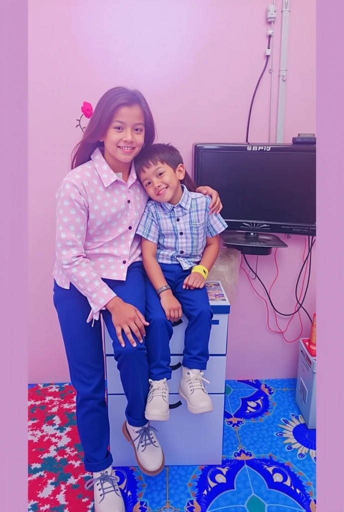 There are two children sitting on a wall with a palm tree, boy and girl, children, lovely couple, casual photography, make the photo look like it were anime, don't lower the quality, let everyone see their faces well