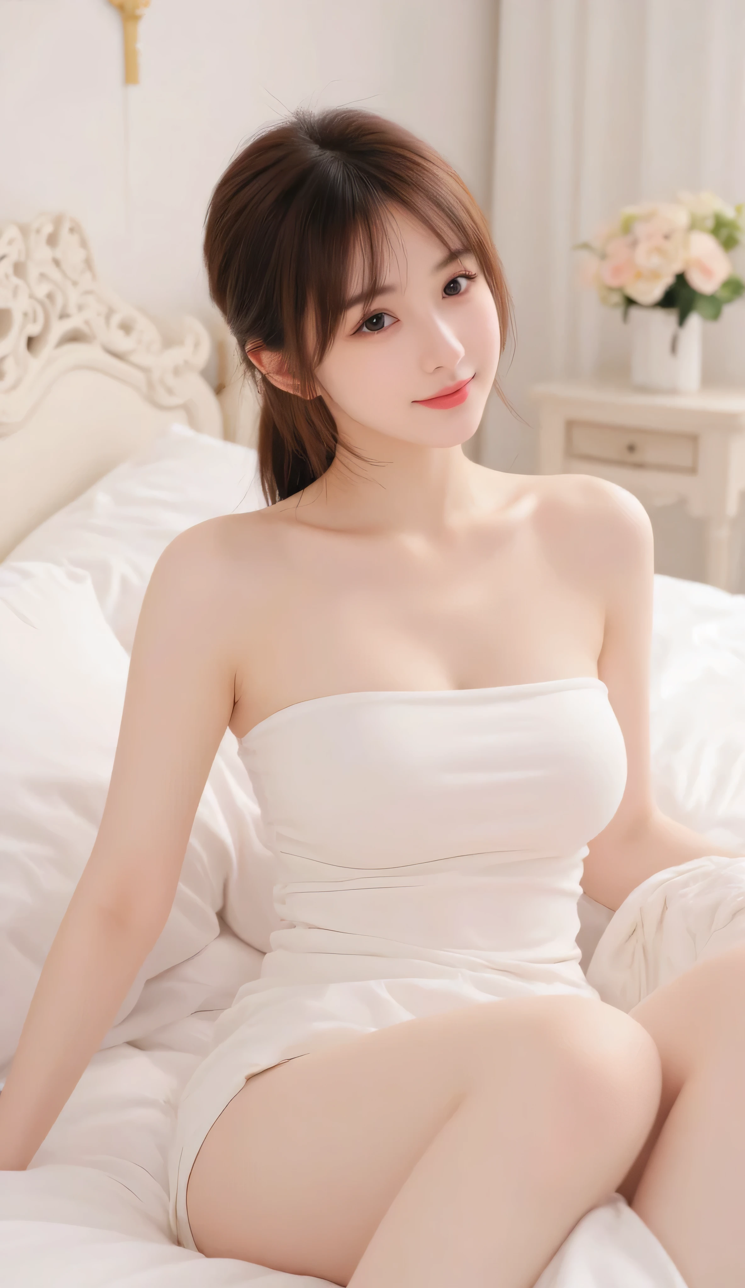 beautiful girl, lying on your back on the bed, not dressed, show off your perfect body, lewd smile