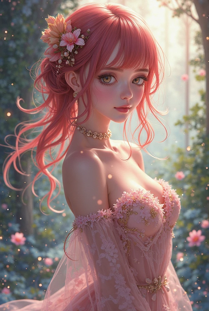 (masterpiece, sharp focus), ((closeup:1.5)), A elegant 25 years old redhead woman , floating hair, light smile, voloptuous body, forest background, volumetric light, elegant summer dress, focus face, light rain on sun light, red hair, Endsinger, light fog, flower crown