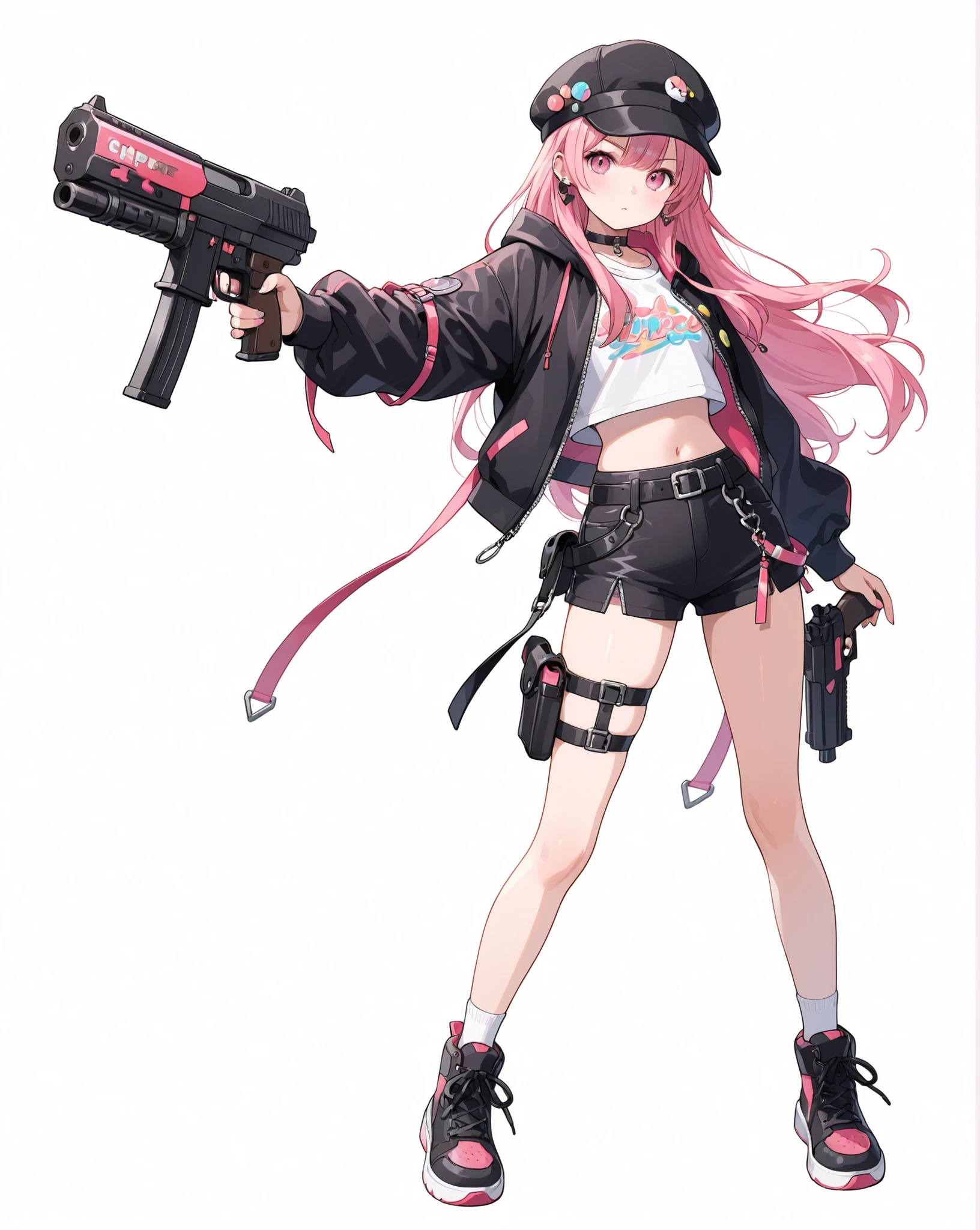 great details、high image quality、simple background、full body、battle scene、 rapper、hat、Colorful、gun