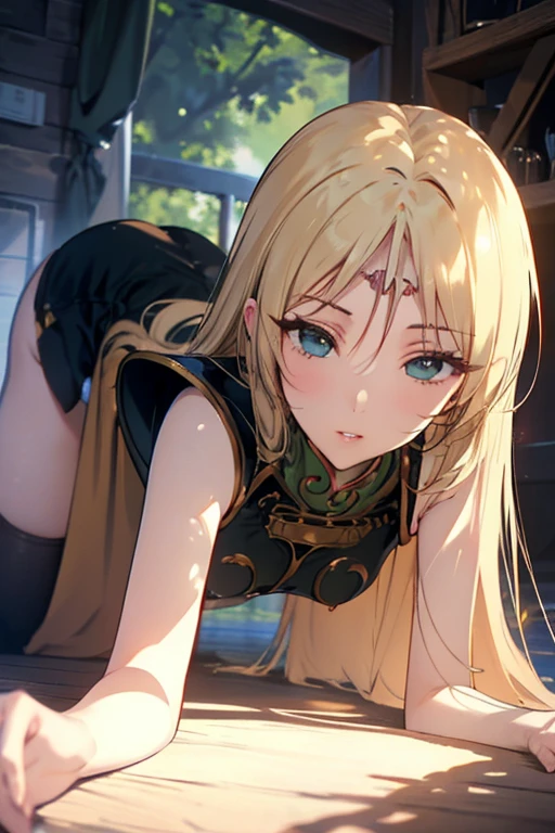 <lora:_tdbu:0.6> tdbu top-down_bottom-up, cute elf Young woman [lightgreen] eyeliner piercing skindantation shiny hair gradient partially blond hair super long hair blue eyes deep orange dress