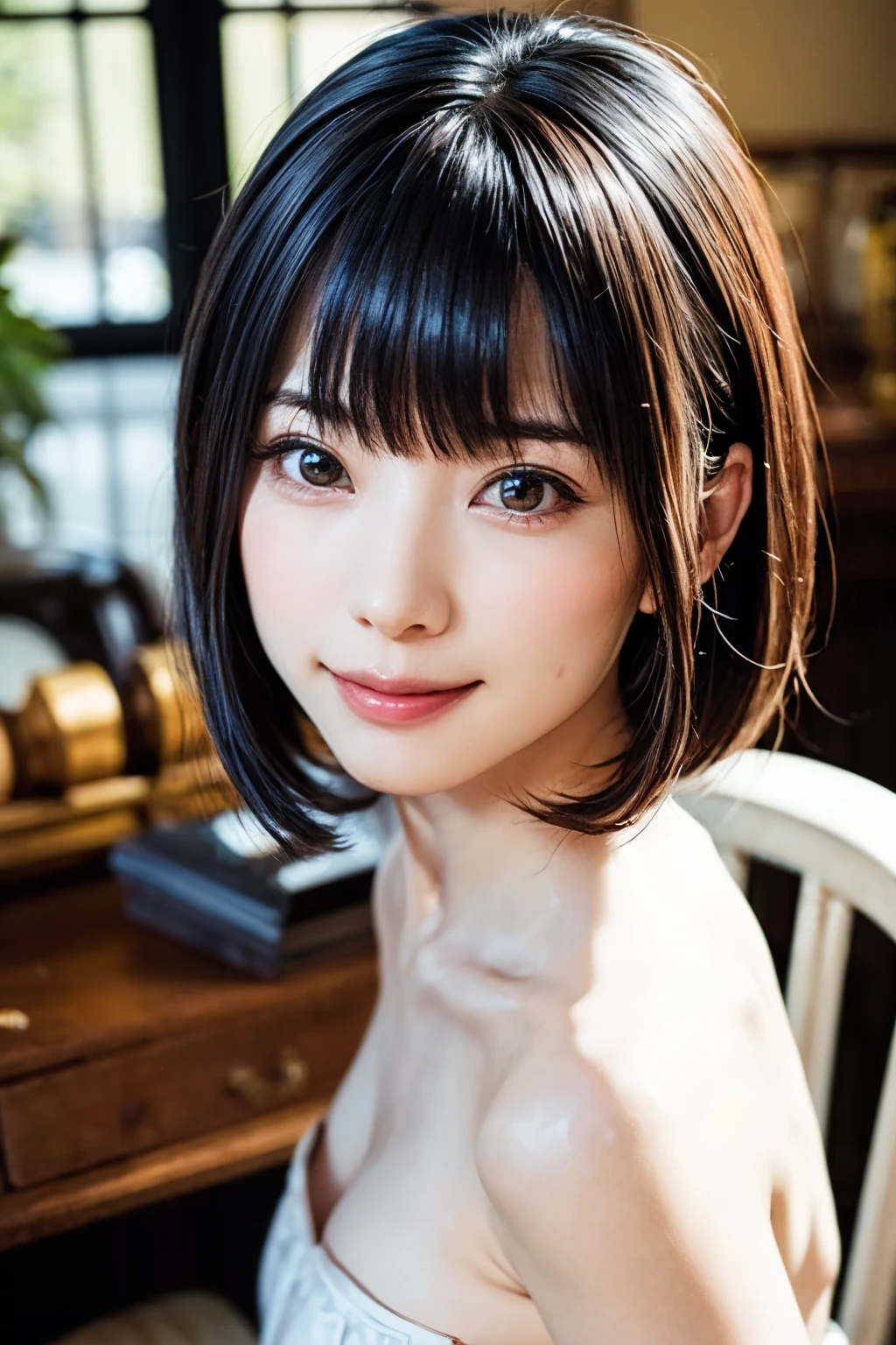 1 girl、highest quality、Realistic、alone、Written boundary depth、Natural soft light、Daytime、charm、Beautiful Face、Cleanliness、Pure Face、White skin、cute、short hair、prohibit、Beach、Light of the sun、Nedium Breast Body Esbian、((セーターを着たBeautiful Faceの黄金比 対称性のあるBeautiful Face))、Long neck、Listen carefully、prohibitのあるきれいな短いボブヘア、Laugh with your mouth closed、Perfect hands指、Perfect hands、Perfect body、Perfect Face、Shine a light into your eyes、Perfect Anatomy:1.4、とてもcuteスーパーモデル:1.4、{huge|big|hugeな|Mega} chest:2, chestの谷間:2