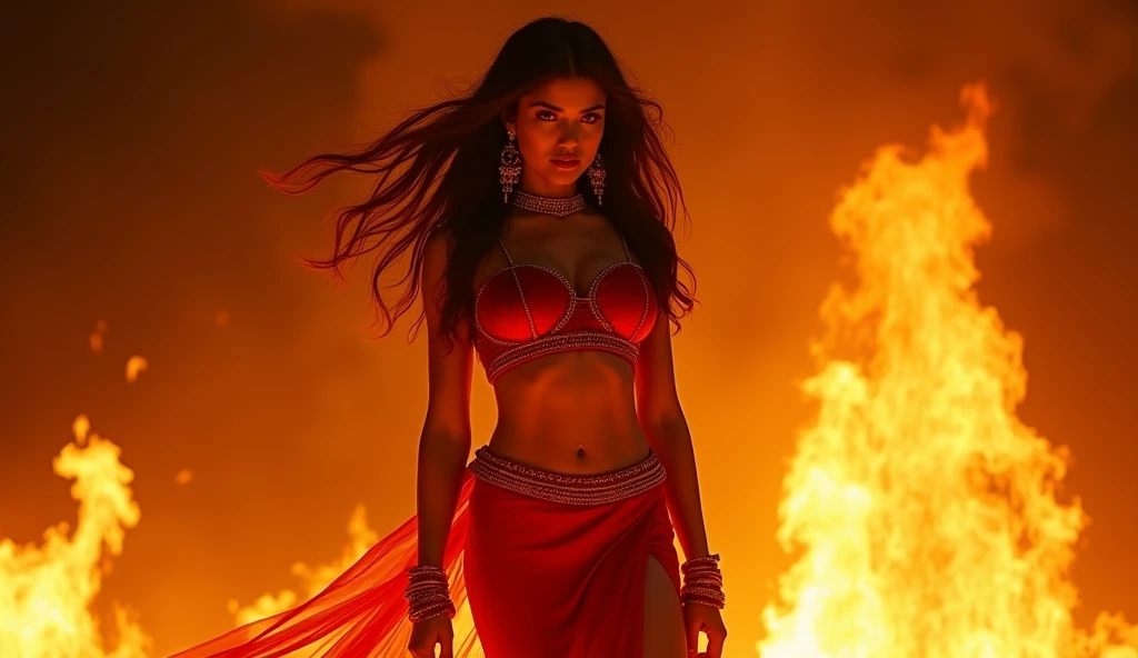 gorgeous indian actress, beautiful, pretty, charm, hourglass figure, swooping breasts, deep cleavage, open arms, sexy armpits, look at viewer lusciously, jumping out from fire in a forest and stripping black lace bra see through saree, sunny day action scene, 4K, HD