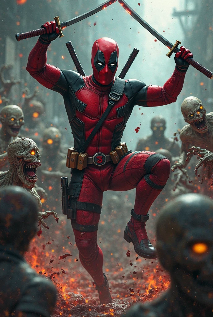 Deadpool  is cuting zombie nack with Sword