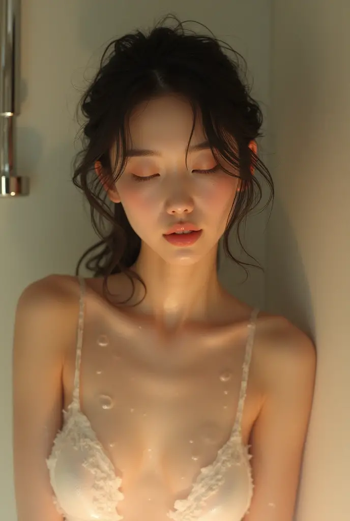 27 year old girl, ((torn bra)), (((Erect nipples))), ((yellow short hair)), (very wet breast and mouth), (open mouth), ((closed eye)), (half body), (vagina expose)